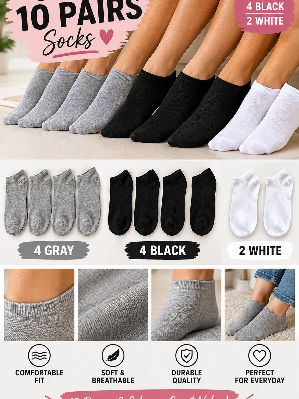 Everyday Ankle Low Cut Socks Gray, Black & White (10 Pack) Lot Bundle